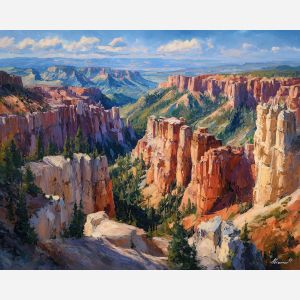 Bryce Canyon hoodoos, coral rock spires, rust-colored cliffs, Utah national park, amphitheater formations, glowing rock pillars, layered canyon, palette-knife hoodoos, sunlight on stone, peach rock tones, sandstone spires USA, scenic Utah view, dramatic canyon shapes, warm desert palette, eroded rock landscape, iconic Bryce Canyon, vertical rock columns, colorful canyon scene, American Southwest, hoodoo glow