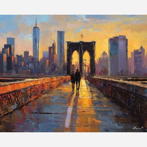 Brooklyn Bridge sunset, wooden walkway glow, Manhattan skyline, golden light NYC, New York landmark, bridge cables silhouette, warm city reflections, palette-knife bridge, skyline sunset, iconic NYC view, urban architecture USA, sunset city art, golden skyline, East River glow, classic American landmark, warm evening bridge, city horizon NYC, glowing Manhattan, pedestrian bridge sunset, urban light