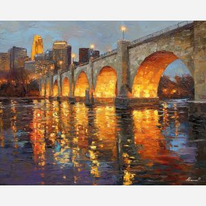 Stone Arch Bridge, Minneapolis skyline, Mississippi River reflections, golden bridge lights, night city river, Minnesota landmark, palette-knife water, illuminated arches, urban riverfront USA, cool blue sky, historic bridge scene, night architecture, shimmering reflections, midwestern cityscape, stone bridge structure, warm light on arches, city night glow, iconic Minneapolis view, river lights painting, downtown skyline