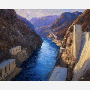 Hoover Dam, concrete dam walls, Colorado River blue, canyon cliffs, sunlit engineering marvel, Nevada Arizona border, massive structure USA, palette-knife concrete, deep blue reservoir, golden dam glow, desert canyon scene, hydroelectric landmark, iconic American dam, canyon shadow lines, Southwest landscape, powerful river barrier, arid rock walls, structural geometry, engineering landmark painting, water and rock contrast