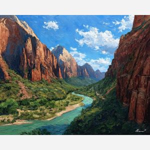 Zion National Park, red canyon walls, emerald river, Utah landscape, towering cliffs USA, desert river gorge, blue sky canyon, palette-knife rock, green water reflections, sandstone walls, scenic canyon trail, Southwest national park, dramatic red cliffs, lush riverbank, warm and cool contrast, American wilderness, canyon river bend, iconic Zion view, nature landscape USA, emerald canyon water