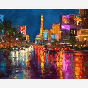 Las Vegas Strip, neon casino lights, glowing boulevard, Vegas night scene, electric signs, vibrant nightlife USA, palette-knife neon, golden reflections, city glow, desert night Vegas, iconic Vegas, casino district lights, vivid night colors, Las Vegas landmarks, bright strip art, urban neon scene, nightfire colors, shimmering street reflections, American nightlife, Vegas lights painting