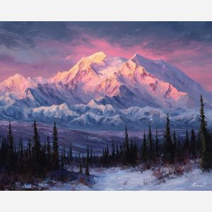 Denali peak, Alaska mountain, alpenglow summit, pink and gold light, highest peak USA, snow-covered mountain, tundra foreground, dark pine forest, palette-knife snow texture, Arctic landscape, northern wilderness, glowing mountain top, dramatic Alaska view, cool and warm contrast, towering summit, alpine light effect, remote mountain scene, national park Alaska, pristine peak, high altitude landscape