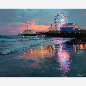 Santa Monica Pier, Ferris wheel lights, Pacific Ocean waves, California coast sunset, pink and blue reflections, amusement pier USA, dusk glow seaside, palette-knife water, golden pier lights, Los Angeles coast, beach boardwalk scene, evening shoreline, vibrant carnival lights, oceanfront landmark, West Coast nightfall, surf reflections, iconic pier view, coastal amusement scene, sunset beach art, California landmark