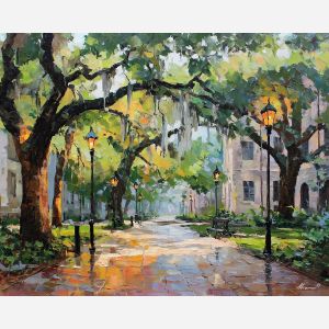 Savannah square, oak trees, Spanish moss, Southern USA landscape, iron lanterns, historic square, Georgia charm, palette-knife foliage, evening glow trees, moss-draped branches, old town Savannah, tranquil park scene, Southern Gothic feel, cobblestone walkway, warm lantern light, shady canopy, deep green leaves, historic district USA, classic Southern scene, romantic tree tunnel