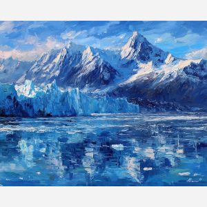 Glacier Bay Alaska, blue-white glacier ice, icy fjord water, snow-capped mountains, cold northern light, Alaska landscape, frozen bay scene, palette-knife ice texture, arctic blue tones, rugged peaks USA, dramatic glacier wall, polar light effect, deep blue reflections, northern wilderness, icy seascape, pristine nature Alaska, cool color palette, monumental ice face, remote landscape, glacial bay art