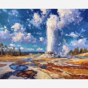 Yellowstone geyser, erupting steam, thermal pools, ochre mineral ground, rust-colored springs, national park USA, cobalt sky, geothermal landscape, palette-knife geyser, steaming plume, Yellowstone basin, bright hot springs, Western wilderness, colorful mineral crust, geothermal wonder, eruption skyburst, iconic USA park, geyser landscape, blue and orange contrast, steaming earth