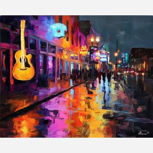 Nashville honky-tonk, neon guitar signs, music bar street, Tennessee nightlife, Broadway Nashville, glowing neon reflections, palette-knife night scene, country music district, electric bar lights, warm pavement glow, live music strip, colorful street art USA, night entertainment district, Nashville skyline edge, vibrant sign colors, music city USA, urban neon art, nightlife reflections, historic music street, bright night scene