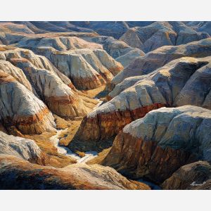 Badlands ravines, striped earth tones, gray and rust hills, South Dakota landscape, eroded terrain, desert formations USA, warm low sun, long shadows canyon, palette-knife earth texture, layered badland hills, arid landscape, rugged ravine shapes, national park view, painted desert ridges, striated rock layers, Western plains scene, dry canyonland, subtle color bands, wild American landscape, sculpted hills