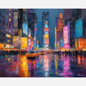 Times Square lights, neon reflections, NYC night scene, wet pavement glow, bright billboards, New York City nightlife, electric colors, urban landmark USA, palette-knife neon, crowded city street, pink and blue lights, iconic Times Square, vibrant reflections, rainy night NYC, glowing advertisements, high-energy cityscape, night market lights, neon storm NYC, Manhattan center, city glow
