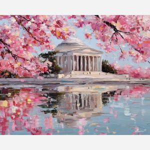 Washington DC cherry blossoms, Jefferson Memorial, Tidal Basin reflections, spring bloom USA, pink petals water, national monument spring, DC landscape, palette-knife blossoms, iconic USA landmark, soft pink trees, historical architecture USA, reflective water scene, American spring scenery, cherry bloom festival, pastel water reflections, Washington skyline, blossoming trees USA, springtime DC, floral landmark, pink trees art