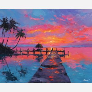 Key West pier, tropical sunset, palm-fringed dock, Gulf of Mexico glow, tangerine sky, pink and violet clouds, Florida seascape, palette-knife ocean, warm tropical colors, coastal sunset USA, palm silhouettes, island harbor, vivid sunset hues, classic Florida view, serene tropical water, seaside pier art, glowing sky reflection, southernmost point feel, vacation horizon, tropical light