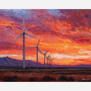 Mojave Desert wind farm, wind turbines sunset, orange and crimson sky, renewable landscape USA, desert energy scene, spinning blades, California desert, palette-knife sky, silhouetted turbines, colorful twilight, open desert field, modern landscape, technology in desert, Western horizon glow, wind power field, warm sunset colors, arid plain USA, sky gradient, clean energy symbol, desert sunset art