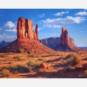 Monument Valley, red sandstone buttes, desert monoliths, orange rock formations, Navajo landscape, Southwest desert, blue sky canyonland, iconic West USA, palette-knife rock, open desert plain, towering mesas, Utah Arizona border, warm desert tones, red rock valley, American West scenery, sandstone monoliths, classic Western view, arid landscape, bright sky desert, iconic USA desert