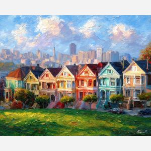 Painted Ladies SF, Victorian houses, San Francisco skyline, green hill park, pastel evening sky, Alamo Square view, iconic row houses, palette-knife facades, colorful architecture USA, urban hillside scene, skyline backdrop, bay city landmark, classic SF postcard view, soft sunset colors, historic homes California, city and homes contrast, charming street row, West Coast skyline, pastel house colors, urban park scene