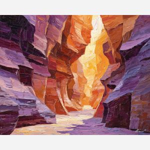 Antelope Canyon, slot canyon light, orange sandstone, crimson rock walls, violet shadows, Arizona canyon, sunbeams through rock, flowing light, narrow canyon view, palette-knife sandstone, glowing canyon colors, Southwest landscape, sculpted rock USA, swirling stone texture, canyon light shafts, desert landmark, warm canyon hues, abstract canyon forms, iconic Arizona scene, sandstone passage