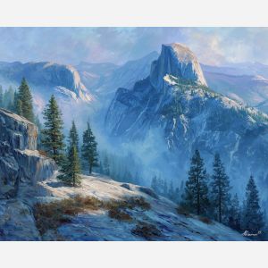 Yosemite Half Dome, granite monolith, morning mist forest, blue sunrise light, California national park, iconic cliff USA, pine forest valley, palette-knife granite, crisp morning sky, Sierra Nevada scenery, mountain dawn colors, Yosemite glow, natural landmark USA, granite peak, early light mountains, valley fog, California wilderness, scenic Half Dome, majestic cliffs, national park landscape