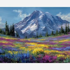 Mount Rainier, wildflower meadow, alpine flowers, magenta blossoms, yellow and blue petals, Washington mountain scene, snow-capped volcano, palette-knife flowers, colorful meadow USA, Pacific Northwest vista, vibrant floral carpet, tall peak backdrop, summer mountain landscape, wildflower field, glacier-topped mountain, meadow in bloom, bright field colors, scenic national park, floral foreground, mountain horizon