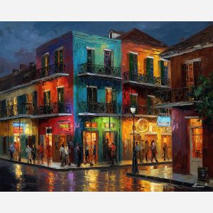 New Orleans French Quarter, colorful balconies, neon jazz signs, glowing street lamps, Louisiana night scene, historic French architecture, urban nightlife USA, palette-knife neon, Bourbon Street glow, vibrant night USA, lively jazz district, cultural American street, warm night reflections, city lantern glow, iconic NOLA landmark, festive street colors, night architecture, French Quarter charm, evening city scene, New Orleans art