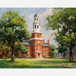 Independence Hall, Philadelphia landmark, red brick building, American history site, founding era architecture, colonial hall USA, green lawn, heritage trees, palette-knife bricks, soft blue sky, historic square, Liberty Bell area, Old City Philly, national heritage site, classic American building, warm brick tones, historic district Pennsylvania, early US landmark, civic architecture USA, historic hall painting