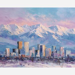 Denver skyline, Rocky Mountains backdrop, snow-capped peaks, lavender mountain glow, Colorado cityscape, Mile High City, palette-knife mountains, sunset skyline USA, mountain city view, blue and rose sky, iconic Denver scene, Western US skyline, scenic mountain horizon, Rockies silhouette, city beneath mountains, alpine glow, American Southwest, Colorado peaks, mountain city art, skyline view