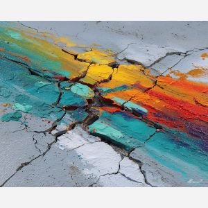 horizontal graffiti, fast spray lines, cracked wall art, teal yellow red palette, dynamic horizon streaks