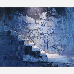 blue graffiti lines, icy spray art, white streaks, cold tone mural, alley wall graffiti, slicing spray strokes