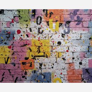 fragmented graffiti letters, broken tag art, brick wall graffiti, splattered paint mural, abstract lettering street art