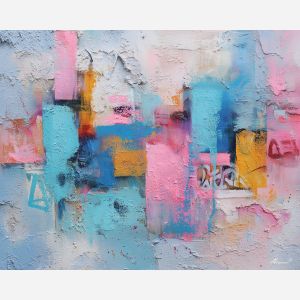 graffiti tags art, pastel spray paint, soft street art, urban fading wall, blue pink graffiti, abstract city wall, layered spray art, gentle graffiti palette, mural style painting