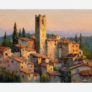 stone tower painting, renaissance village art, pale gold morning light, historic landscape scene, medieval architecture, classical countryside art