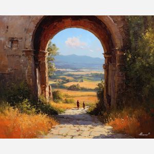 stone arch painting, renaissance travelers, distant hills backdrop, golden sunlight framing, historic walkway art