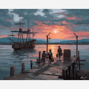 renaissance harbor, sailors unloading goods, wooden pier art, sunset hills painting, historic maritime scene, warm evening tones