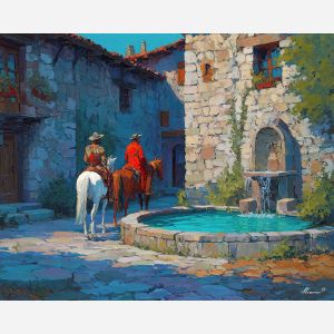 horsemen resting art, renaissance riders, stone fountain painting, village edge scene, warm outdoor light