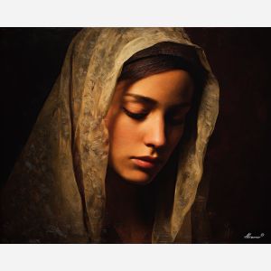 renaissance portrait, veiled noblewoman, classical drapery art, soft facial expression, warm chiaroscuro, historic portrait style, noble attire artwork, subtle shadow modeling, classical light falloff