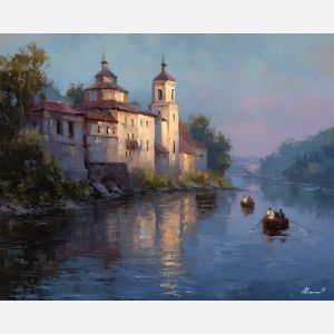 monastery painting, riverside scene, renaissance water landscape, boats in soft light, gentle sunlight painting, classical countryside view