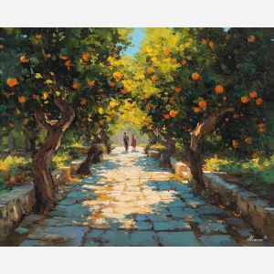 orange grove painting, renaissance pathway art, dappled sunlight, warm orchard scene, historic garden artwork, stone walkway landscape