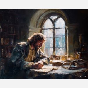 arched window painting, renaissance scholar, old scrolls art, warm window light, interior study scene, soft shadow rendering