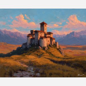 fortress on hill, renaissance countryside, rolling plains painting, glowing sky art, classical architecture landscape