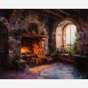 embers in hearth painting, rustic renaissance room, warm interior light, stone fireplace art, end of day glow