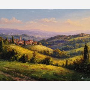 renaissance landscape, evening chapel painting, rolling hills artwork, amber twilight sky, soft golden tones, pastoral renaissance scene, distant chapel glow, landscape with depth, atmospheric renaissance color