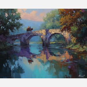 stone bridge painting, renaissance travelers, calm water reflection, classical landscape art, warm interplay of light