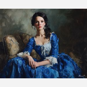 blue silk dress art, renaissance noblewoman, soft diffused light, classical pose portrait, silk texture painting, elegant classical style