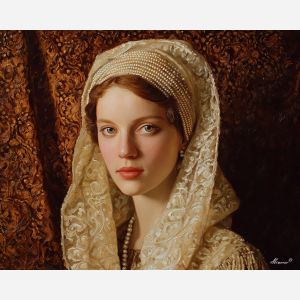 pearl embroidered veil, renaissance lady portrait, rich draped backdrop, warm portrait lighting, classical attire art