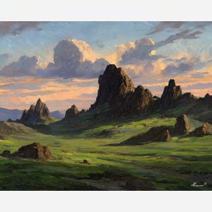 dark rock landscape, renaissance valley art, warm sky painting, dramatic natural formations, classical scenery style
