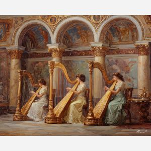 renaissance musicians, harp players art, ornate arches painting, fresco ceiling scene, golden harp artwork, court musicians, historic musical scene, warm classical lighting