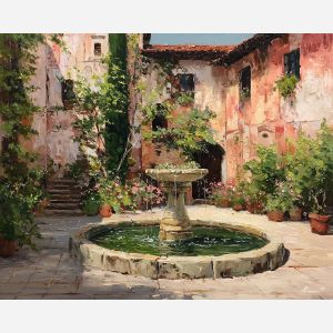 stone fountain painting, renaissance courtyard scene, fresco wall art, gentle water flow, architectural courtyard, warm daylight tones