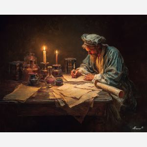 renaissance scholar, candlelit study, ink jars still life, wooden writing desk painting, warm chiaroscuro lighting, classical study room, scholar portrait theme, historic writing scene, candle glow art, soft shadow painting, antique scrolls art
