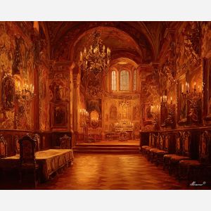 golden chamber painting, candlelit hall art, renaissance decorations, warm interior glow, classical tapestries scene
