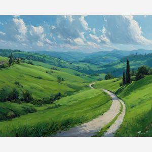 lush valley painting, winding road art, renaissance countryside, distant hills landscape, soft warm tones