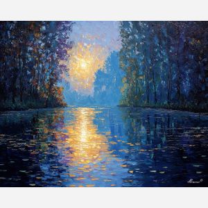 water reflection painting, calm lake art, renaissance landscape, golden reflection, soft distant trees, classical nature